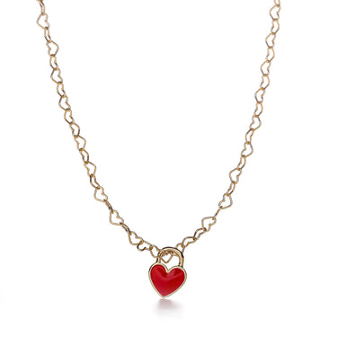 Red Enamel Heart Necklace - 14K Yellow Gold