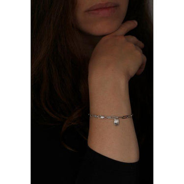 Model wearing Solid sterling silver 7" adjustable paperclip bracelet with solid sterling silver face mask charm. 