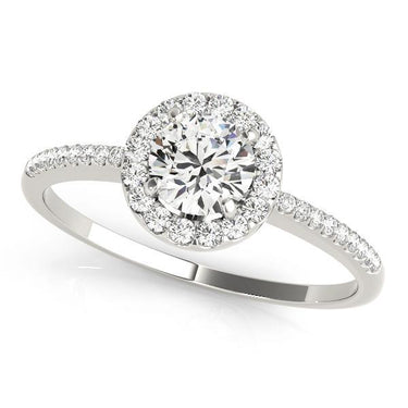 14K white gold halo engagement set with diamonds pave half-way down the shank.